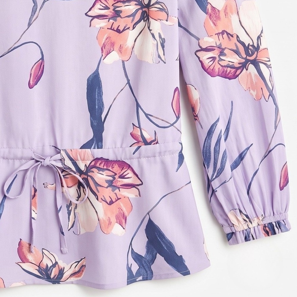 A New Day Floral Peplum Blouse Women S Purple Long Sleeve V Neck Drawstring Top - Picture 6 of 7